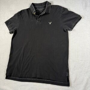 American Eagle Polo Shirt Mens Large Black Athletic Fit Pique Knit Short Sleeve